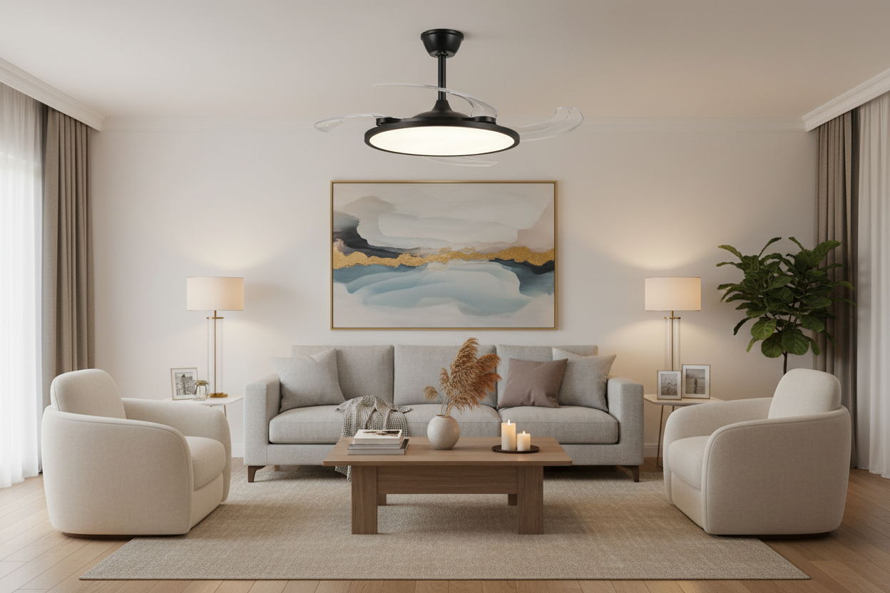 Deluxe Decorative Slim Ceiling Fan with invisible/Retractable Wind Blades and  Remote Control White