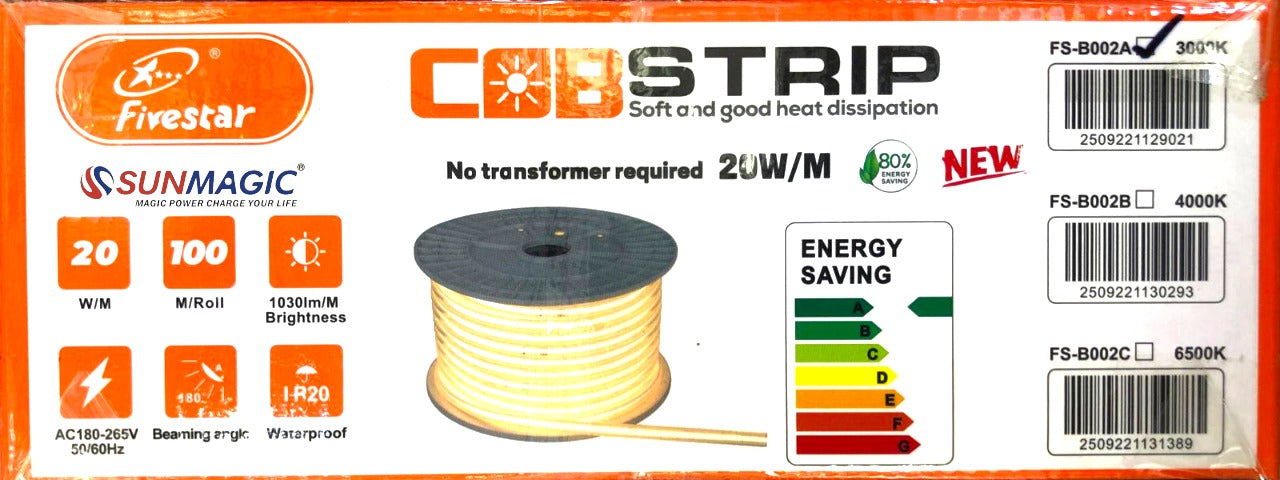 1M-8mm 220v LED COB STRIP LIGHT IP65 (Waterproof) 20W/M / (no transformer required )Color- Warm White-Cool White-Day Light-Blue-Red-Green-Yellow