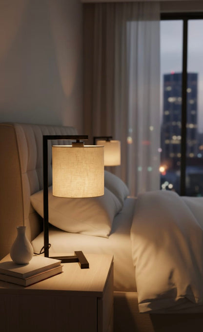 Geometric Black Frame Desk Lamp with Natural Shade JMX-25190/1T