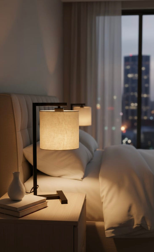 Geometric Black Frame Desk Lamp with Natural Shade JMX-25190/1T