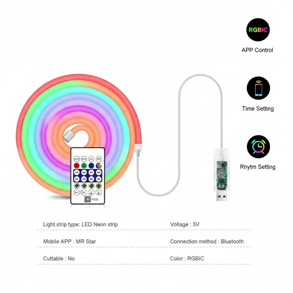 5V USB APP CONTROL SMART LED NEON RGBIC  ROPE LIGHT 10m
