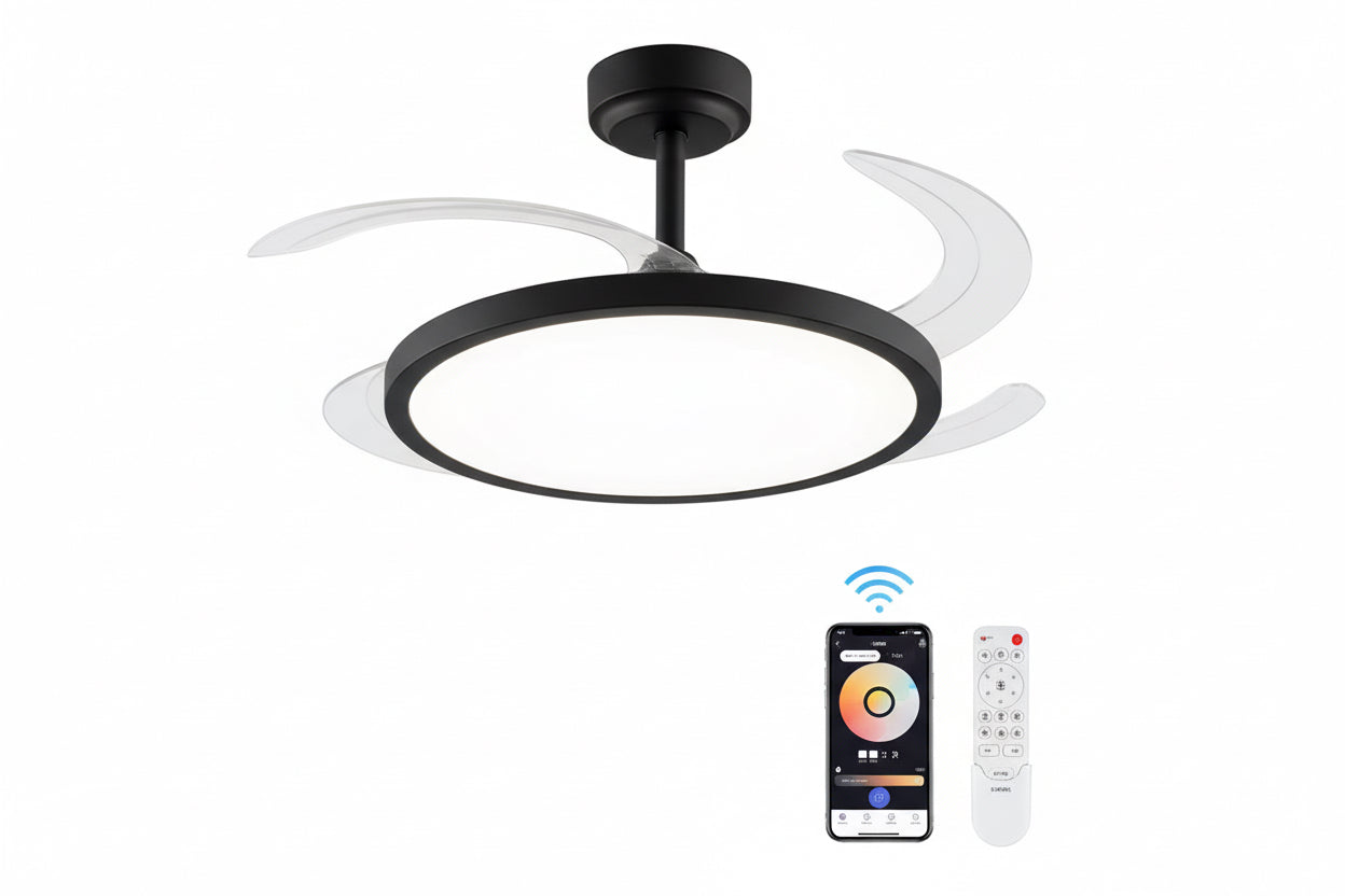 Deluxe Decorative Slim Ceiling Fan with invisible/Retractable Wind Blades and  Remote Control White