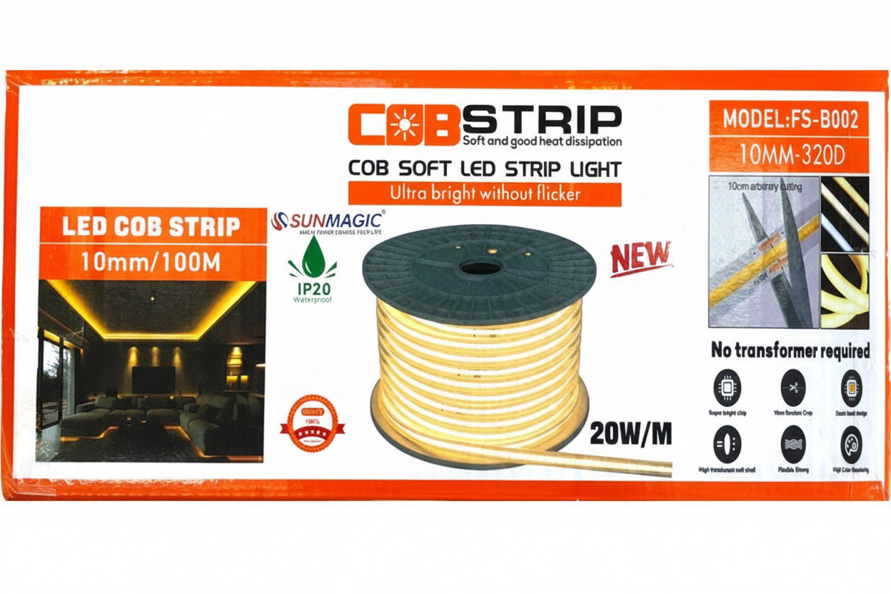 1M-8mm 220v LED COB STRIP LIGHT IP65 (Waterproof) 20W/M / (no transformer required )Color- Warm White-Cool White-Day Light-Blue-Red-Green-Yellow