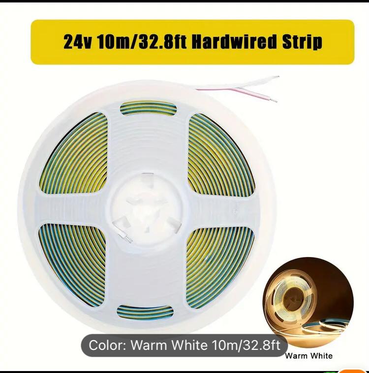 8mm 24VDC WARM WHITE 3000K LED COB  STRIP LIGHT IP20 14W/M /10M