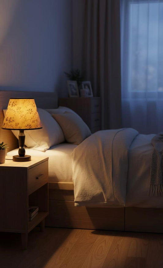 Flower symbol beside bedroom table lamp HD020