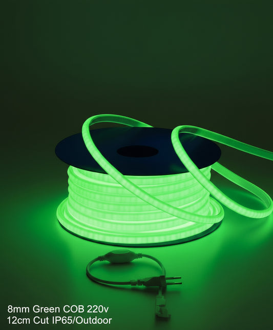 8mm-12cm Cut 220v-IP65/Outdoor Green COB LED Strip light 100M