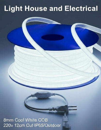 8mm-12cm Cut 220v-IP65/Outdoor Cool white COB LED Strip light 100M
